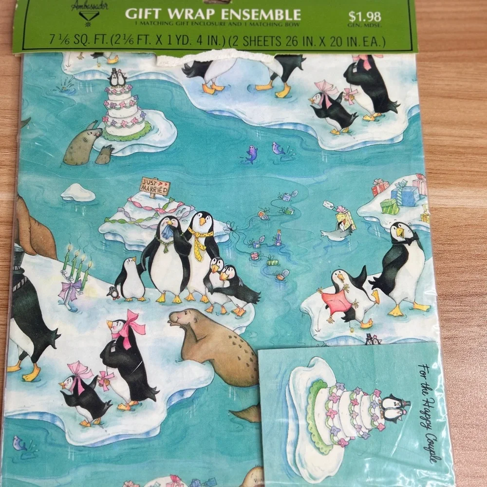 Vintage Wedding Wrapping Paper Blue Penguins Wedding Cake Set of 2 Hallmark